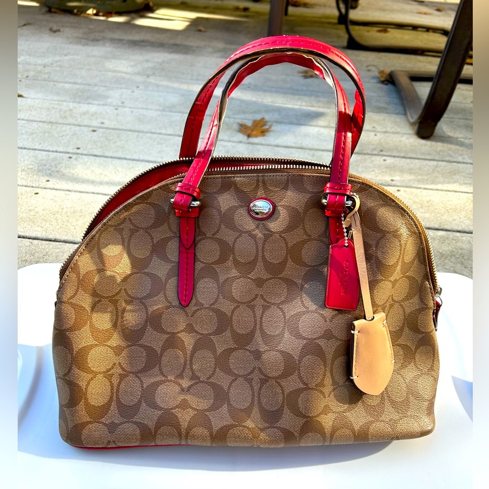 Coach Peyton Signature Cora Domed Satchel Brown on khaki Silver Red Purse